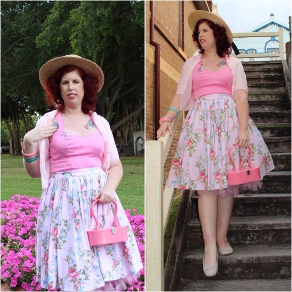 Pinup Girl Clothing Floral A-Line Skirt in Pink and Green - Picture 3 of 3